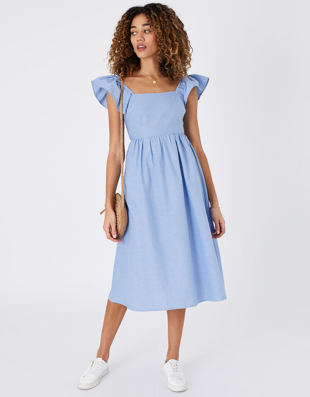 Frill Shoulder Midi Dress in Organic Cotton Blue Beach holiday