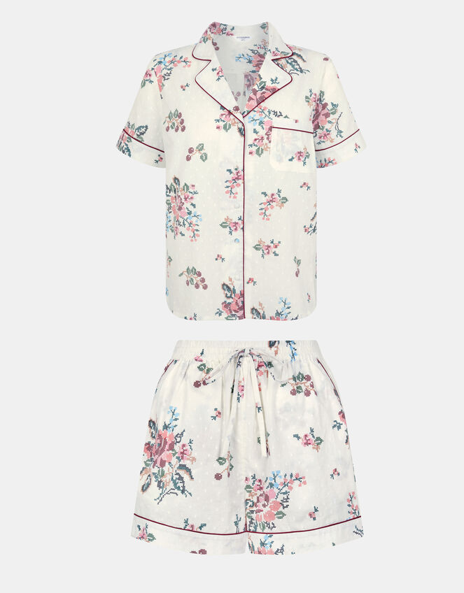 Floral Print Cotton Shorts Pyjamas Set, Ivory (IVORY), large