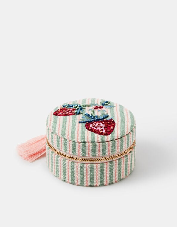 Round Strawberry Embroidered Travel Jewellery Box, , large