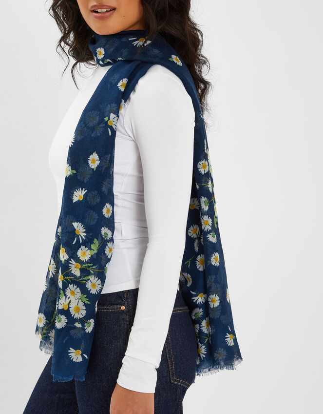 Lightweight Daisy Print Scarf, Blue (NAVY), large