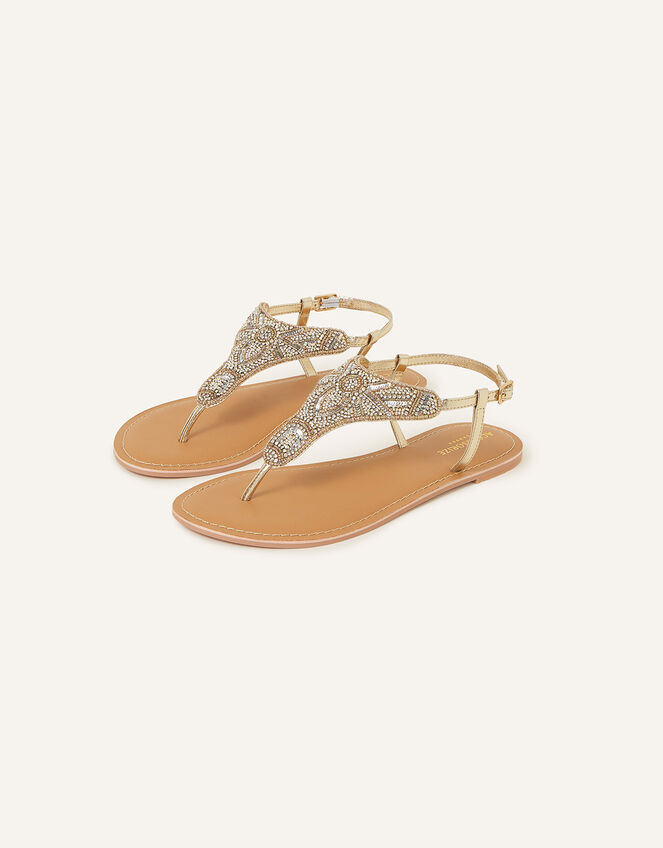 Flower Embellished Toe Post Sandals, Gold (GOLD), large
