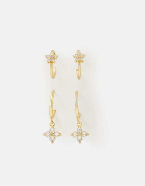 2-Pack 14ct Gold-Plated Flower Hoop Earrings, , large