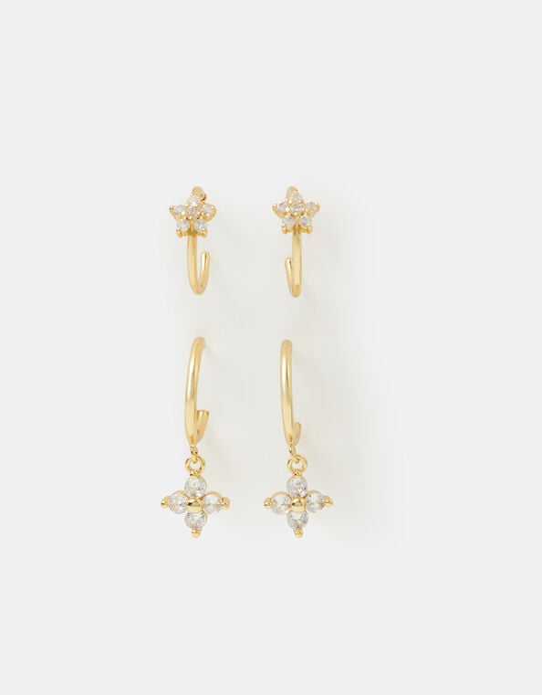 2-Pack 14ct Gold-Plated Flower Hoop Earrings, , large