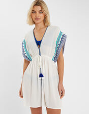 Embroidered Fringe Mini Kaftan, White (WHITE), large