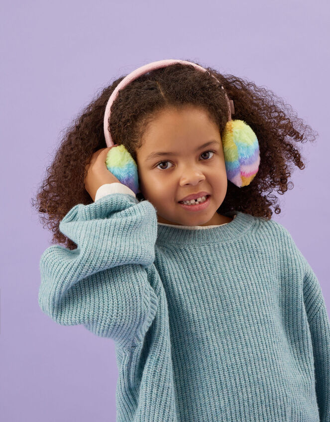 Girls Faux Fur Rainbow Print Earmuffs, , large