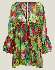 Jungle Print Long Sleeve Mini Beach Dress, Green (GREEN), large