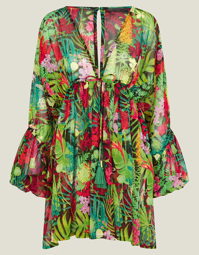 Jungle Print Long Sleeve Mini Beach Dress, Green (GREEN), large
