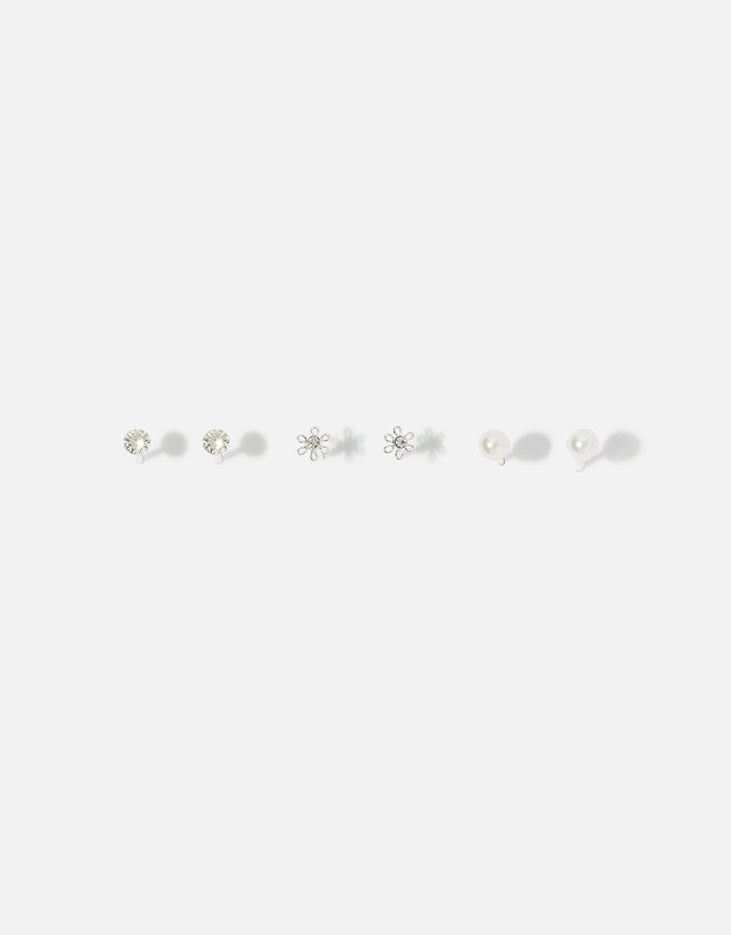 Sterling Silver Crystal Pearl Stud Set, , large