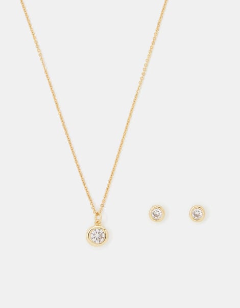 14ct Gold-Plated Diamante Pendant Necklace & Stud Earrings Set, , large
