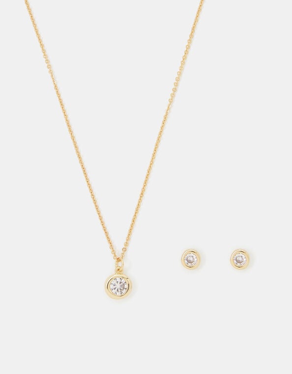 14ct Gold-Plated Diamante Pendant Necklace & Stud Earrings Set, , large