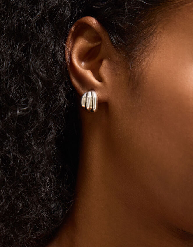 Sterling Silver-Plated Chunky Ridge Curve Stud Earrings, , large