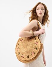 Floral Embroidered Round Beach Bag, , large