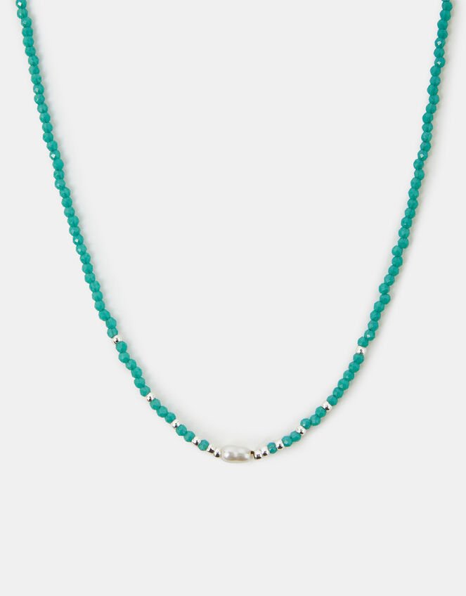 Sterling Silver-Plated Pearl Beaded Necklace, Green (GREEN), large
