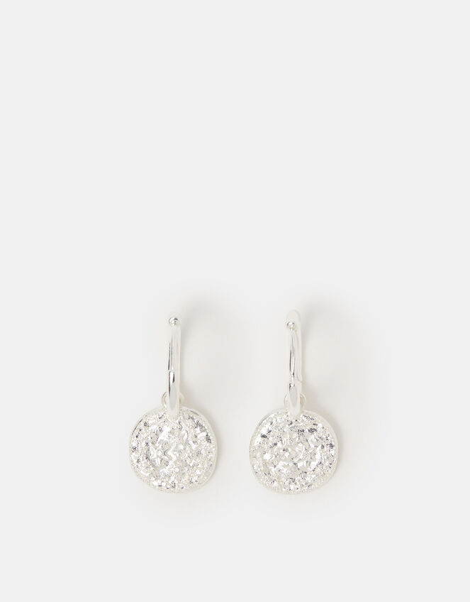 Sterling Silver-Plated Celestial Coin Charm Hoop Earrings, , large