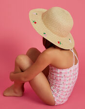 Girls Strawberry Embroidered Straw Hat, Natural (NATURAL), large
