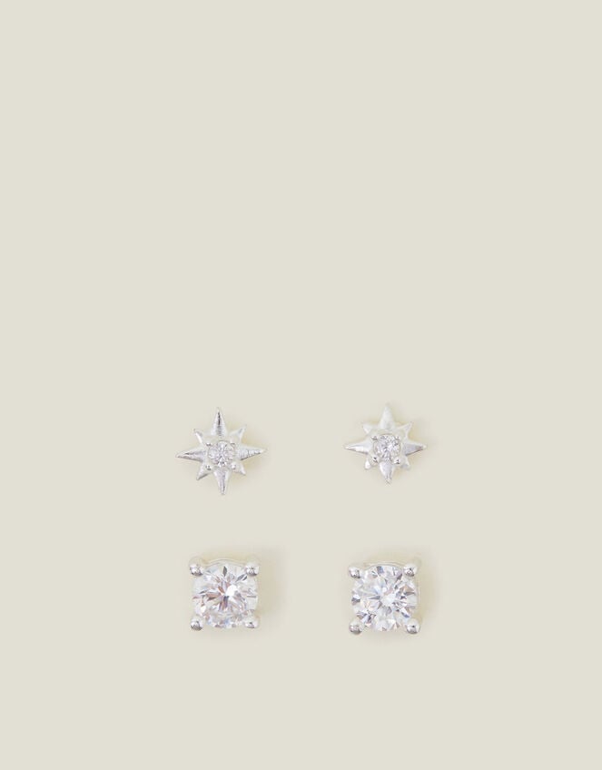 2-Pack Sterling Silver-Plated Star Stud Earrings, , large
