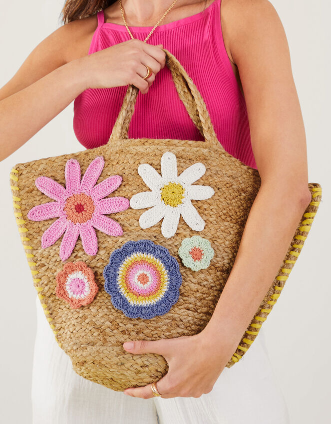 Flower Applique Basket Bag, , large