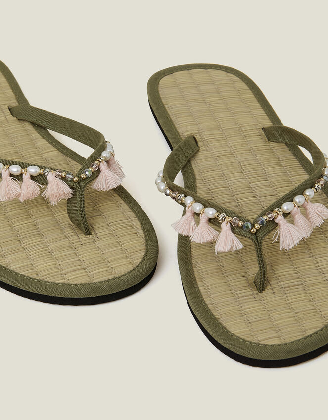Tassel Seagrass Footbed Flip Flops, Green (KHAKI), large