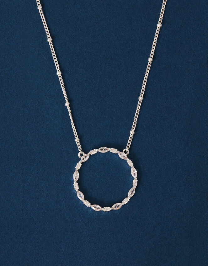 Sterling Silver-Plated Diamante Circle Pendant Necklace, , large