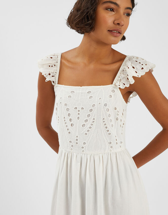 Sleeveless Frilly Broderie Maxi Dress, Ivory (IVORY), large