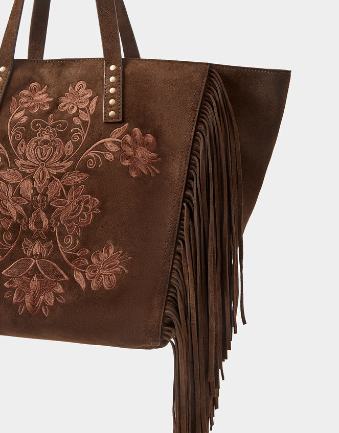 Embroidered Fringe Suede Tote Bag, , large