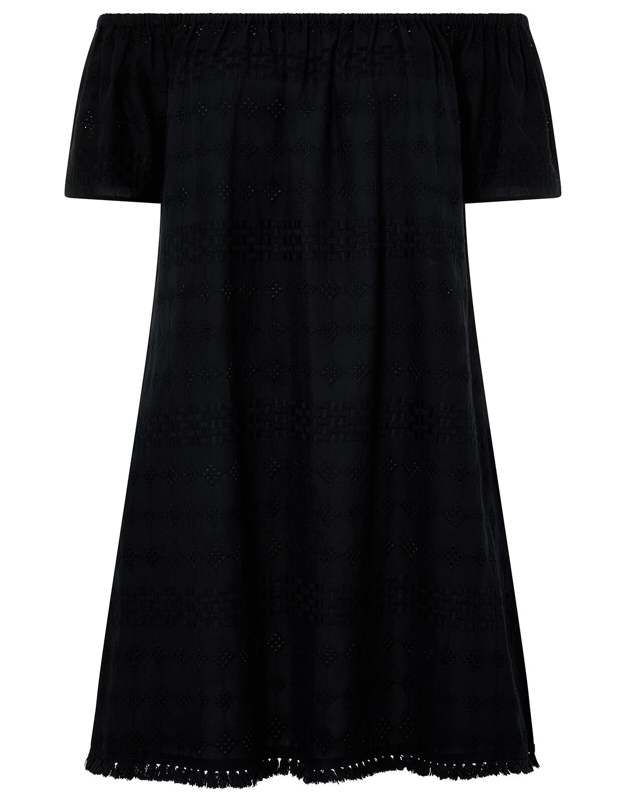 Off Shoulder Schiffli Dress in Pure Cotton Black Beach holiday