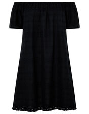 Off-Shoulder Schiffli Dress in Pure Cotton, Black (BLACK), large