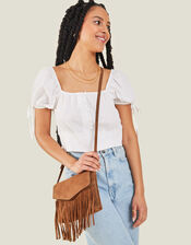 Leather Fringe Cross-Body Bag, Tan (TAN), large