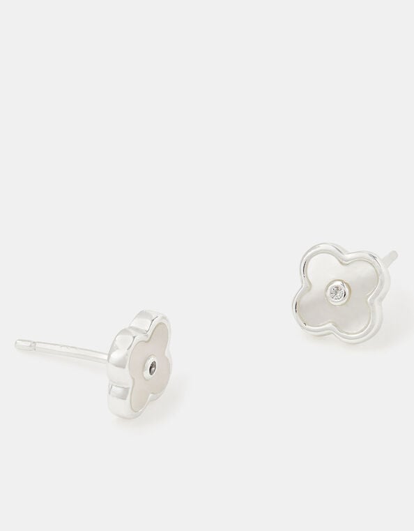 Sterling Silver Mother of Pearl Clover Stud Earrings, , large