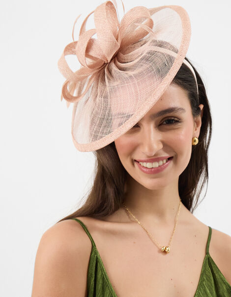 Bow Feather Disc Fascinator, Pink (PALE PINK), large