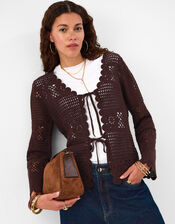 Crochet Tie Front Cardigan , Brown (BROWN), large