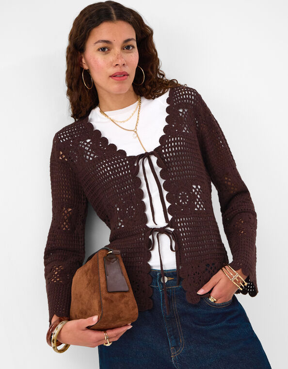 Crochet Tie Front Cardigan , Brown (BROWN), large