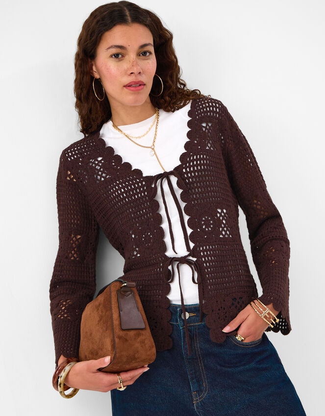 Crochet Tie Front Cardigan , Brown (BROWN), large