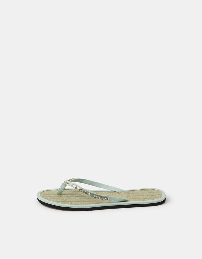 Bead Embellished Seagrass Flip Flops, Green (MINT), large