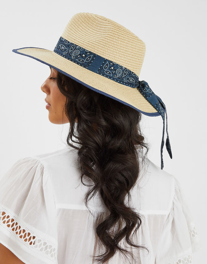 Paisley Bandana Straw Fedora Hat, , large