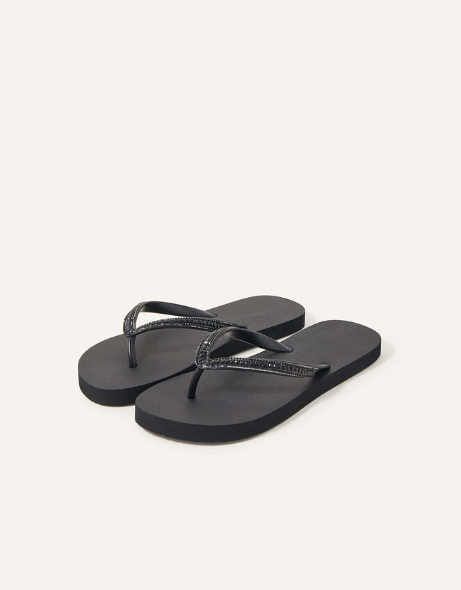 Crystal Embellished Flip Flops, Black (BLACK), large