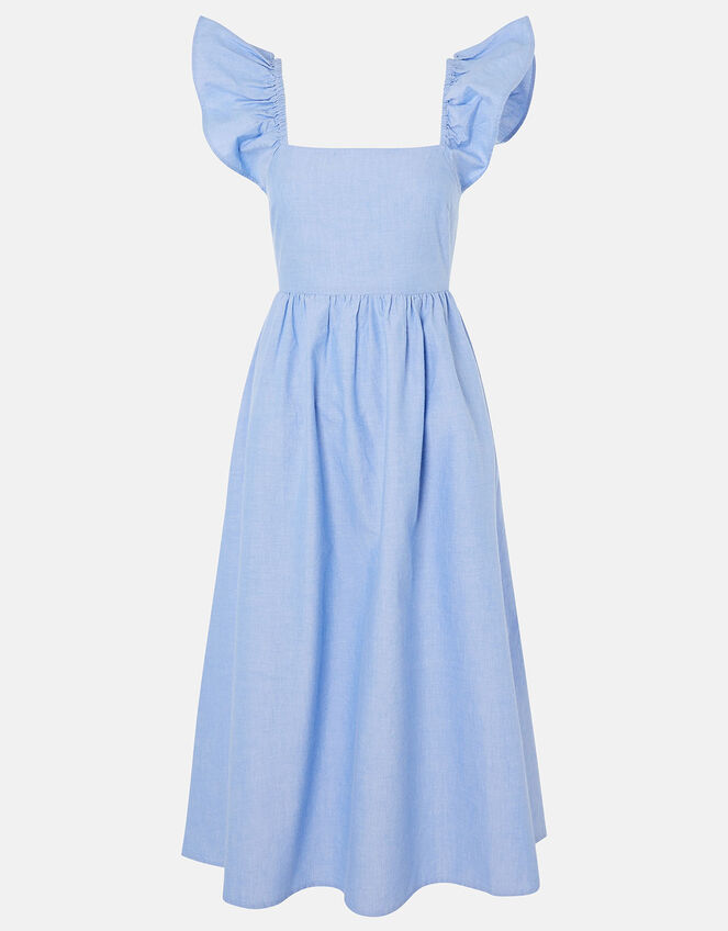 Frill Shoulder Midi Dress in Organic Cotton, Blue (BLUE), large