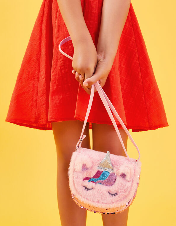 Girls Fluffy Unicorn Cross-Body Bag, , large