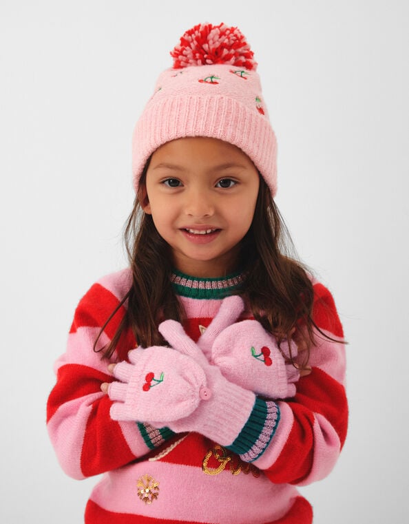 Girls Cherry Fingerless Gloves, Pink (PINK), large
