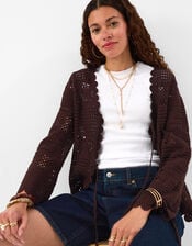 Crochet Tie Front Cardigan , Brown (BROWN), large