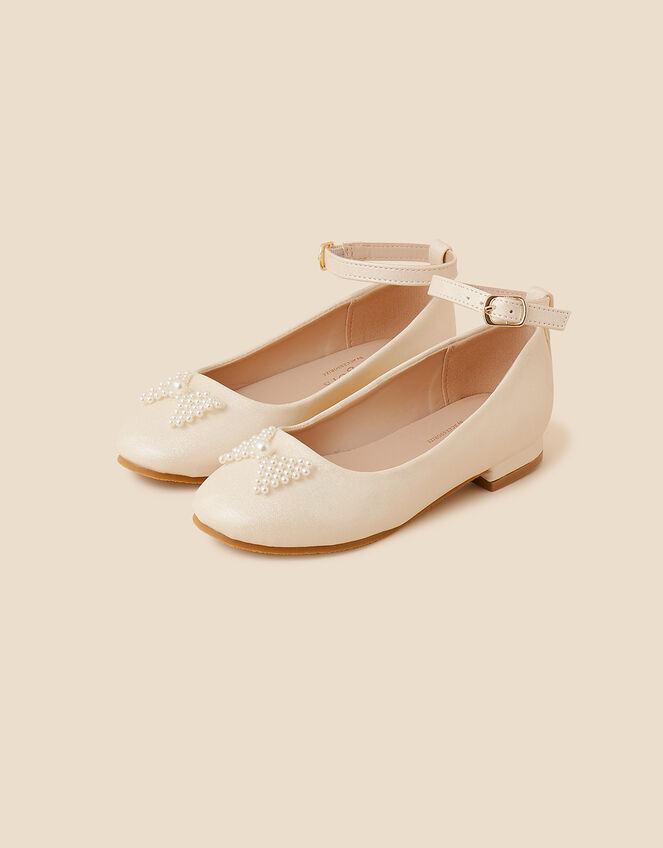 Kids Pearl Bow Mini Heeled Shoes, Gold (GOLD), large