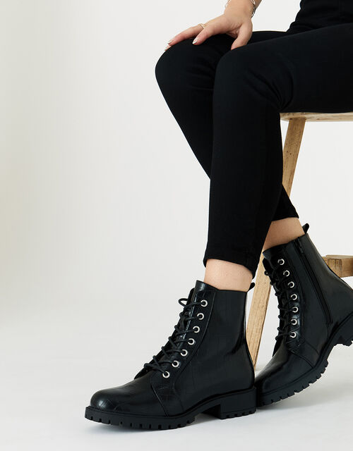 Croc Print Lace-Up Chunky Boots, Black (BLACK), large