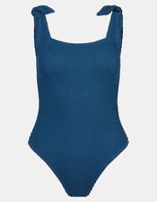 Tie Shoulder Crinkle Textured Swimsuit, Blue (BLUE), large