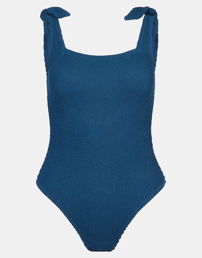 Tie Shoulder Crinkle Textured Swimsuit, Blue (BLUE), large