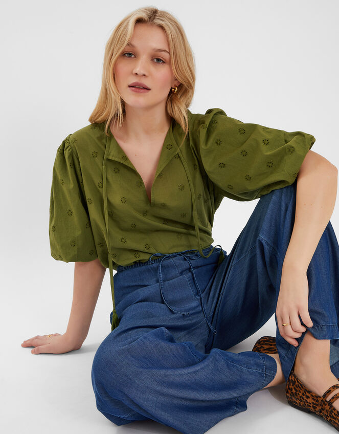 Chambray Wide Leg Trousers, Blue (BLUE), large