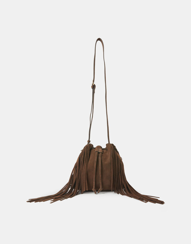 Suede Fringe Bucket Bag, , large