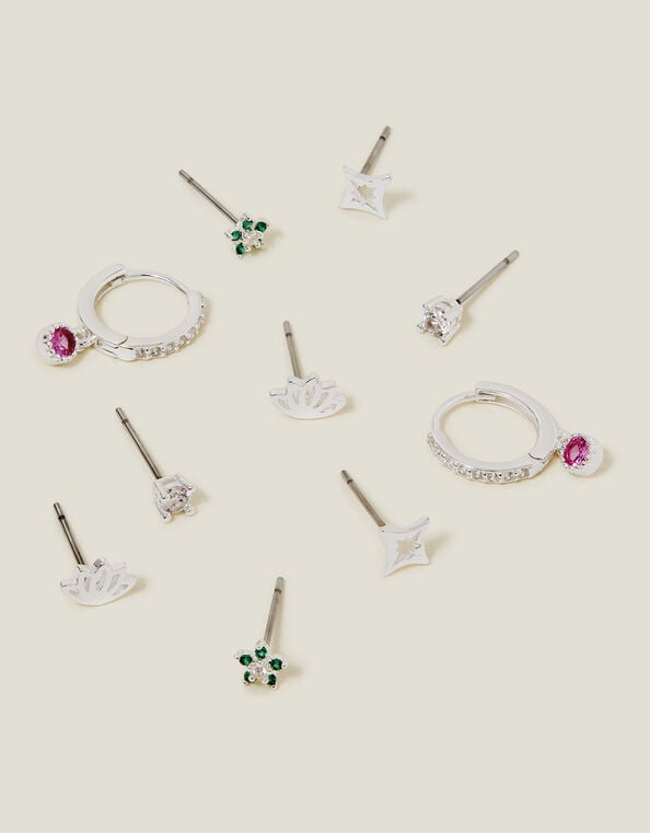 5-Pack Sterling Silver-Plated Sparkle Stud and Hoop Earrings, , large