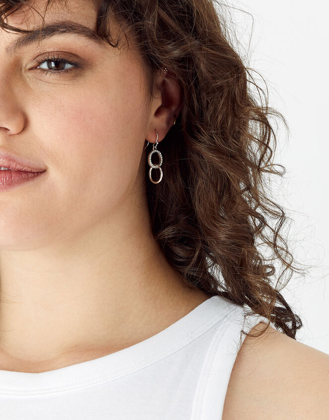 Pave Linked Circle Short Drop Earrings, Silver (SILVER), large