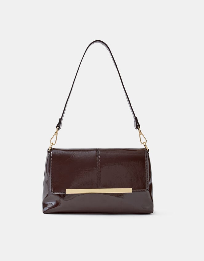 Fold Over Patent Faux Leather Shoulder Bag, , large