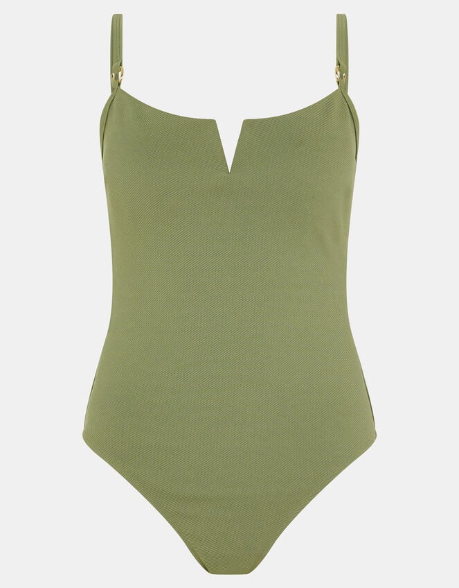 V Front Rib Shaping Swimsuit, Green (KHAKI), large